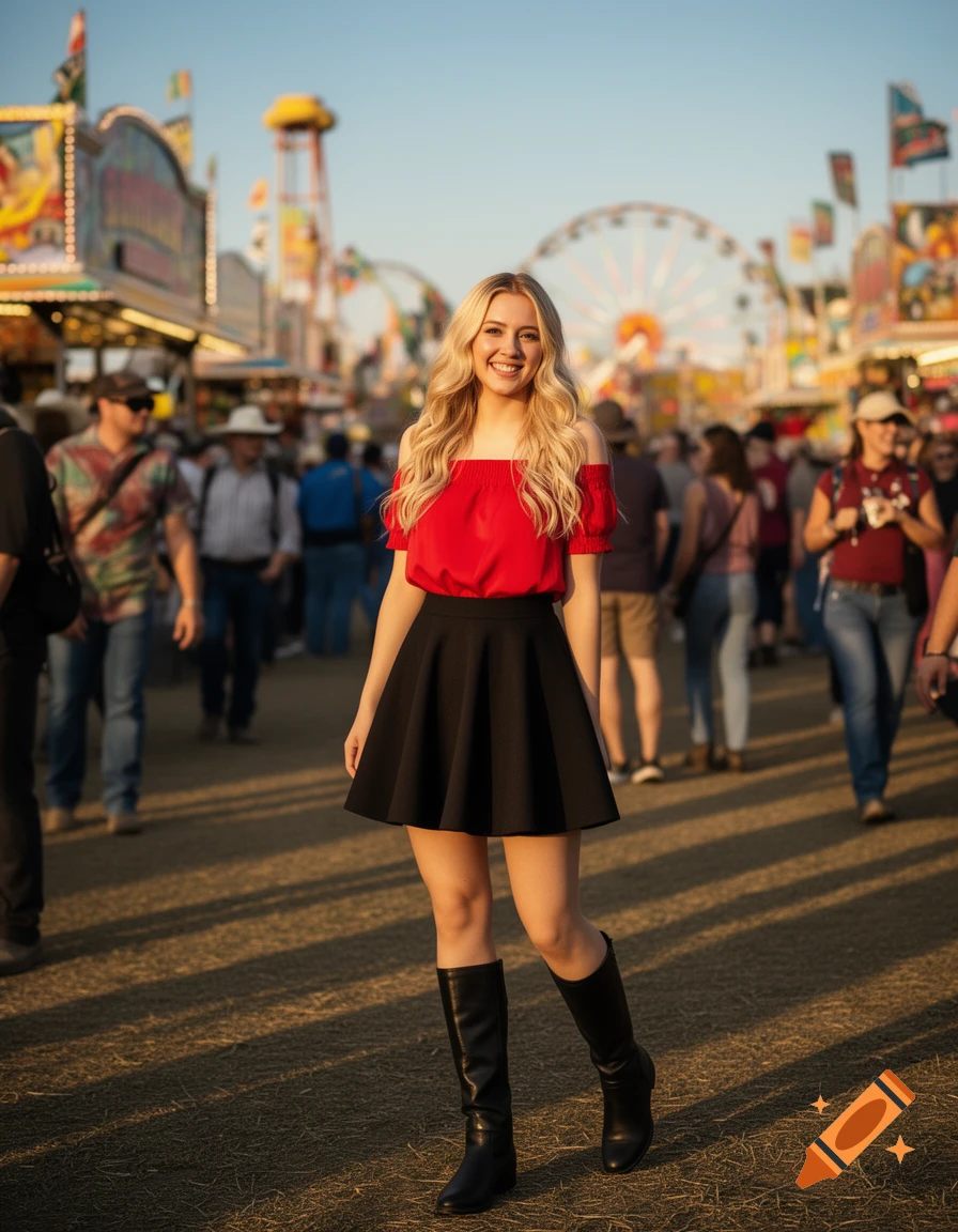 A smiling blonde woman in a red off-shoulder top, black skirt, and boots stands at a bustling fairground.