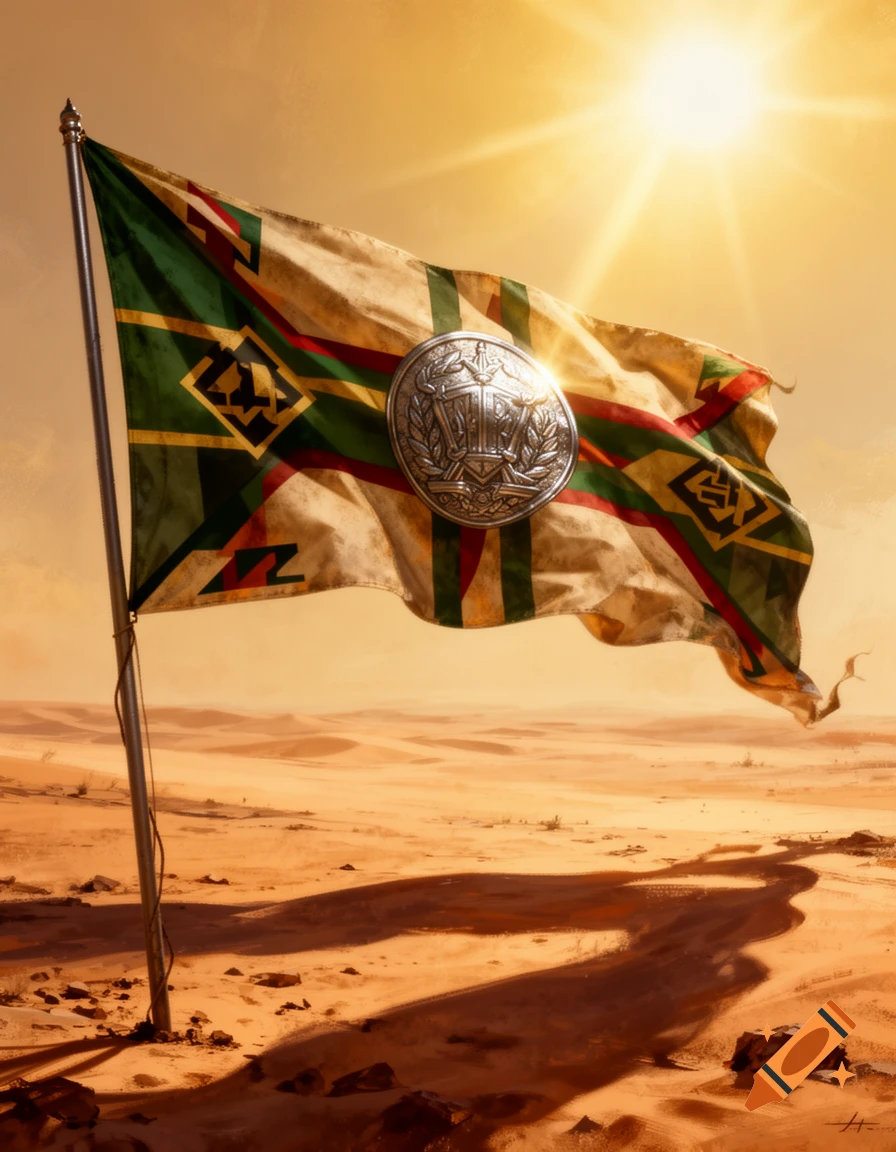 A flag with green, gold, and red patterns, and a metallic emblem, waves in a vast, sunny desert landscape. Photorealistic style.