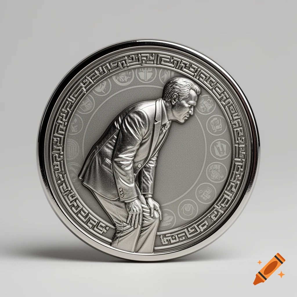A silver challenge coin featuring an embossed man in a suit bending over, surrounded by decorative patterns.