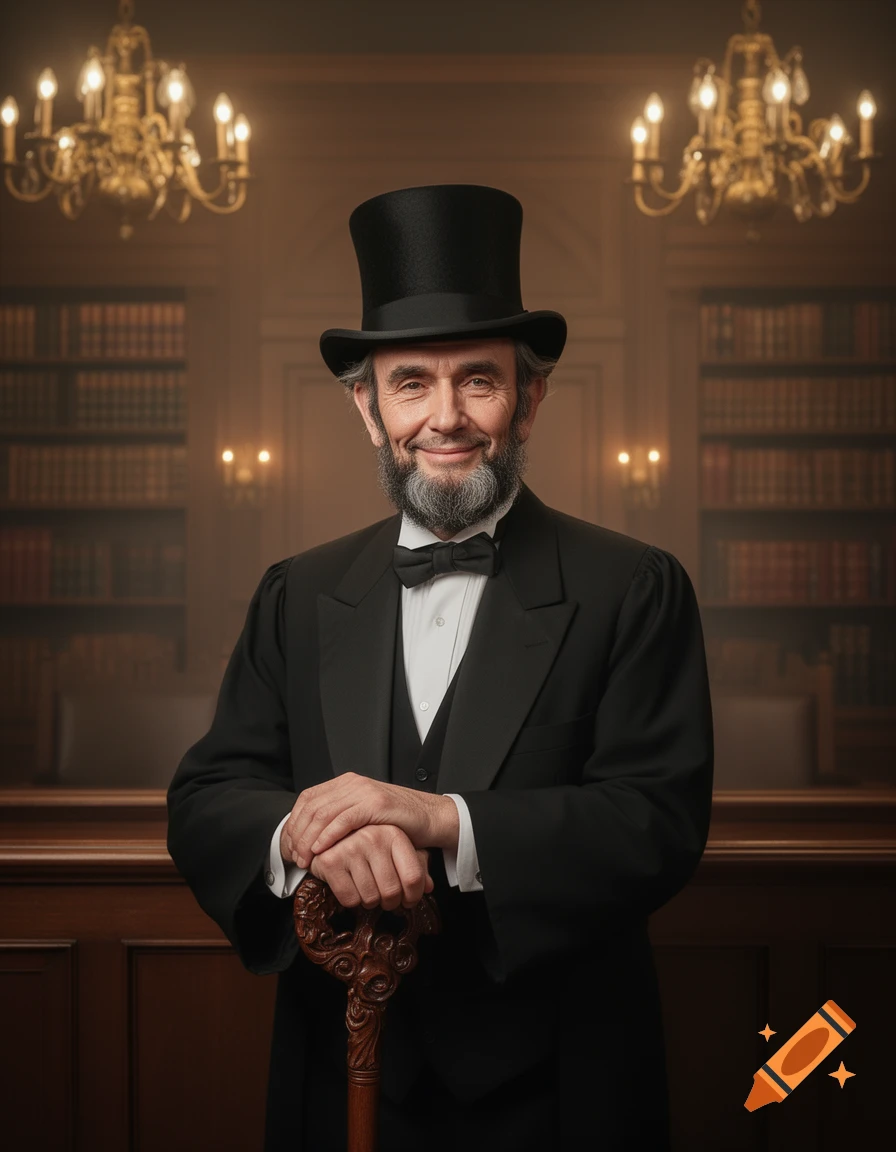 Smiling man resembling Abraham Lincoln in a top hat and tuxedo, holding a decorative cane in a library.