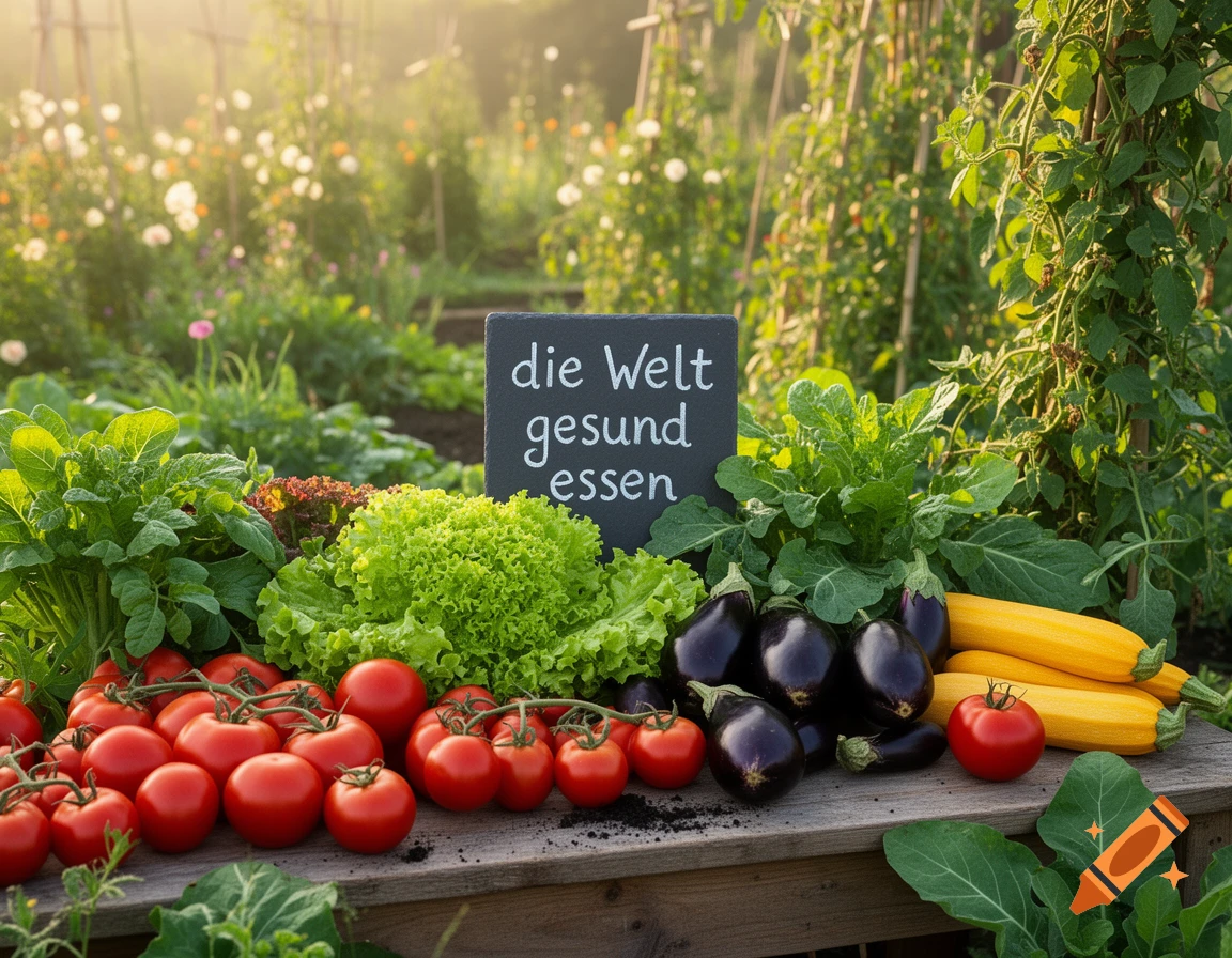 Photorealistic image of fresh tomatoes, lettuce, eggplants, and zucchini on a wooden table in a sunny garden with a sign reading 'die Welt gesund essen'.