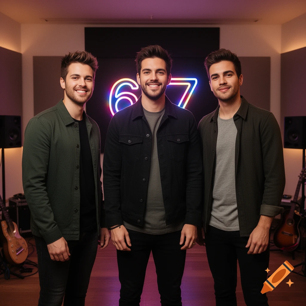 Three smiling men, resembling the Jonas Brothers, stand in a music studio in front of a neon "67" sign.