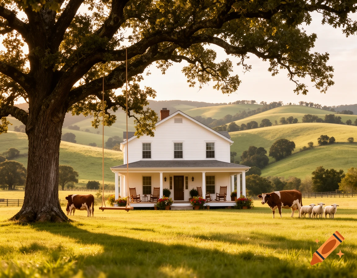 A white farmhouse with a large porch and a swing on a tree, set in a sunny rural landscape with rolling green hills, cows, and sheep.