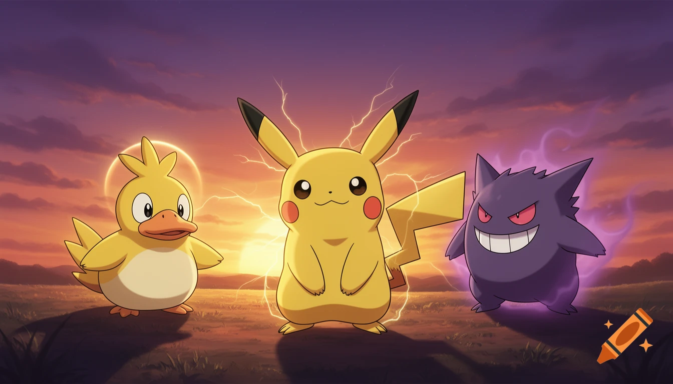 Pikachu, Gengar, and Psyduck with energy auras in a field at sunset, drawn in an anime style.