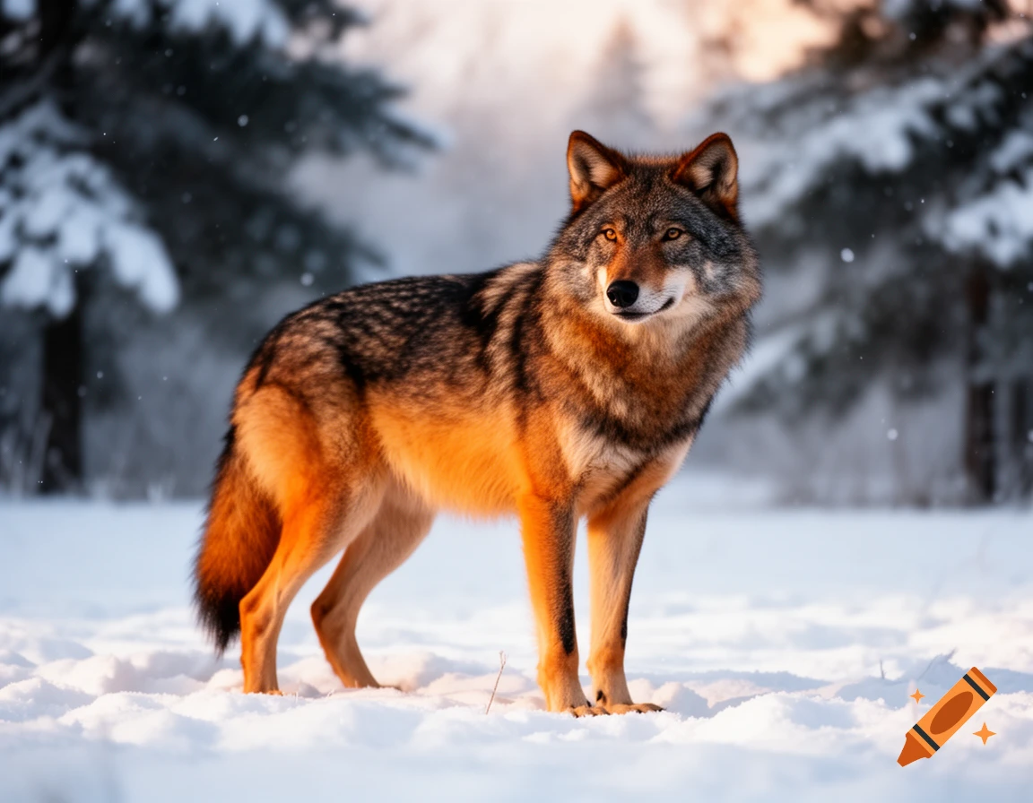 A photorealistic wolf with orange and grey fur stands in a snowy forest at sunset.