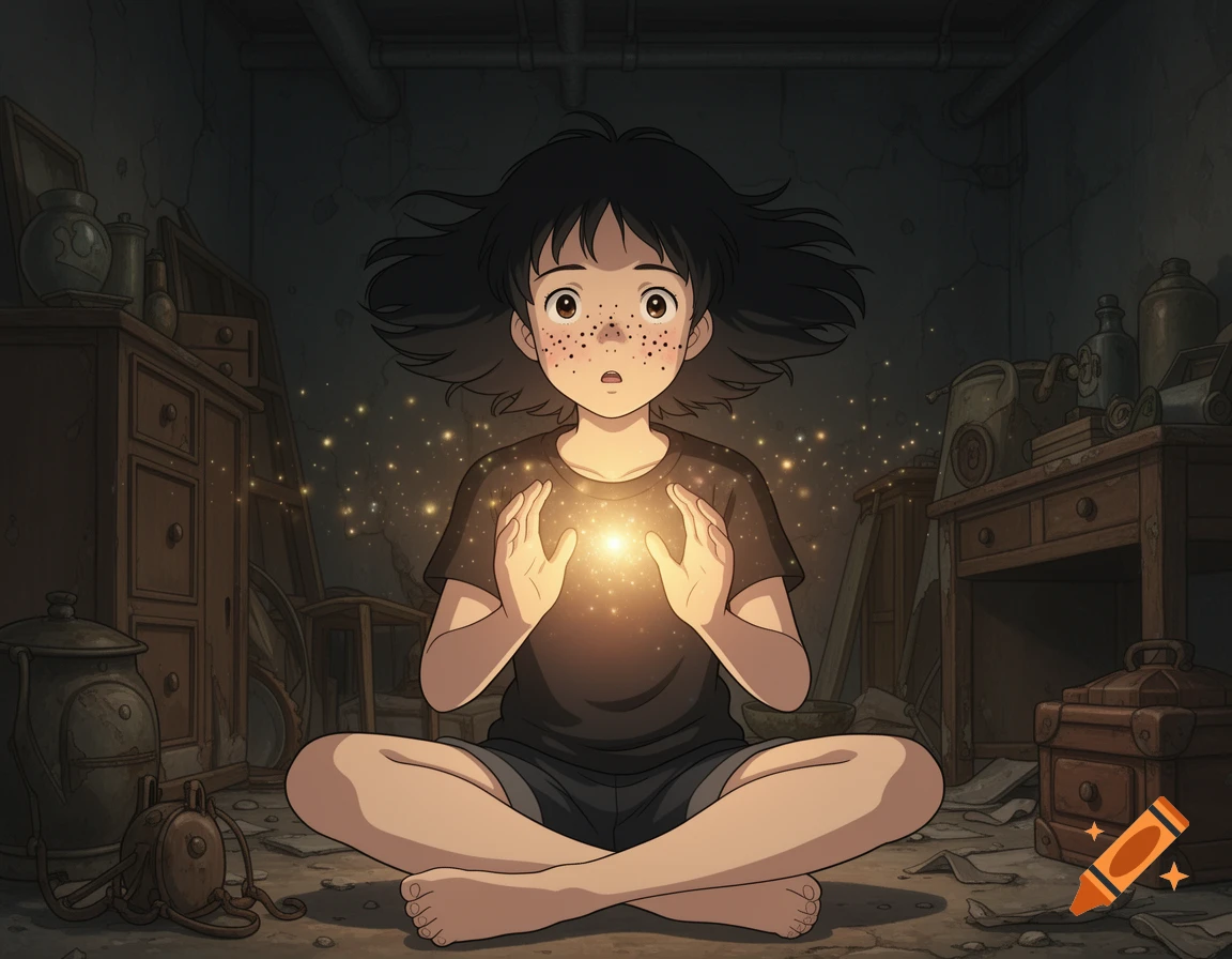 Ghibli-style illustration of a teenage girl with freckles sitting cross-legged in a dusty basement, holding a glowing magical light.