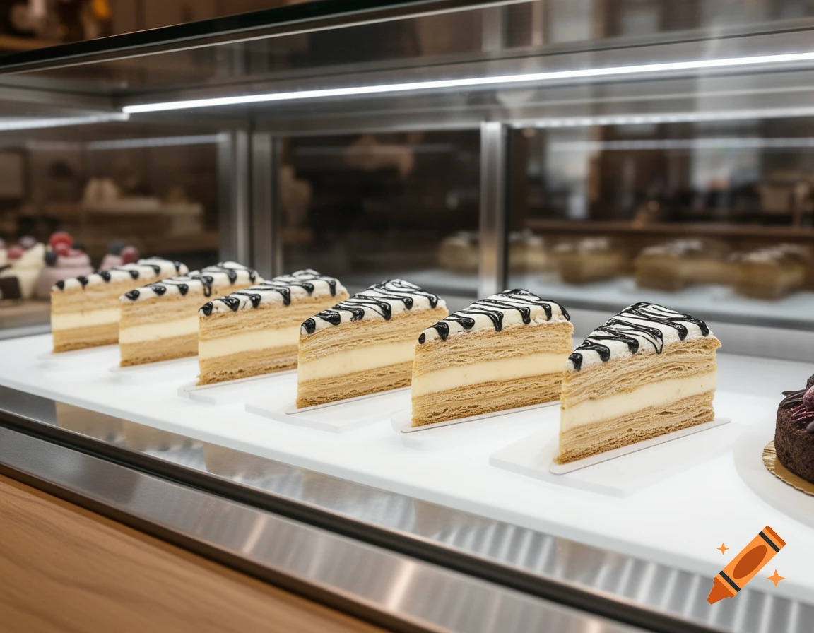 Six triangular slices of millefeuille cake with white and black icing in a refrigerated pastry display case.