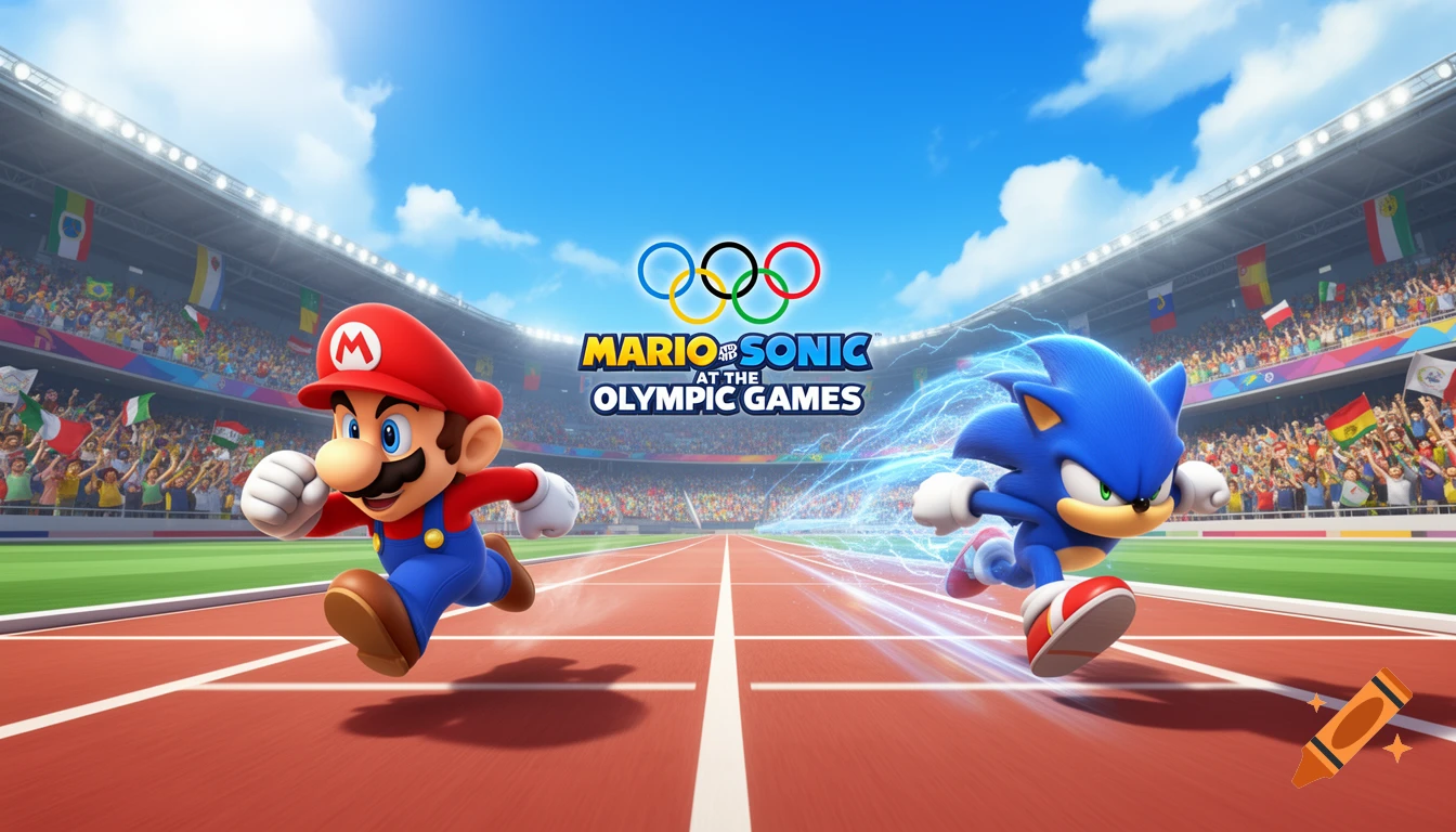Mario and Sonic race on a stadium track under the 'Mario & Sonic at the Olympic Games' logo and Olympic rings.