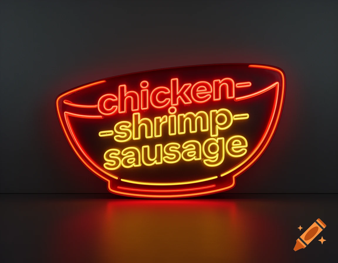 A glowing neon sign in the shape of a bowl, with red text at the top and yellow text at the bottom, spelling "chicken-shrimp-sausage".