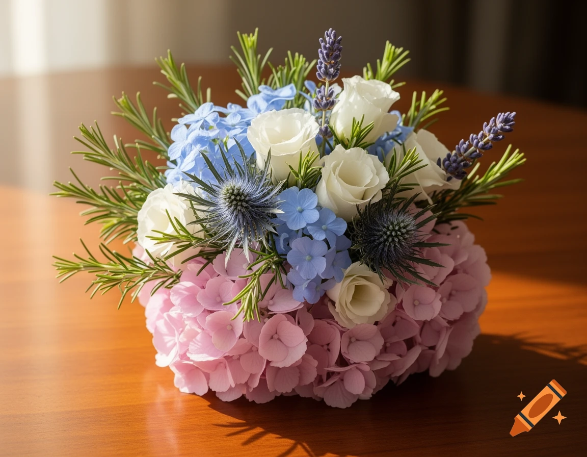 A vibrant bouquet featuring pink hydrangeas, white roses, blue flowers, spiky globe thistles, lavender, and rosemary, arranged on a wooden table.