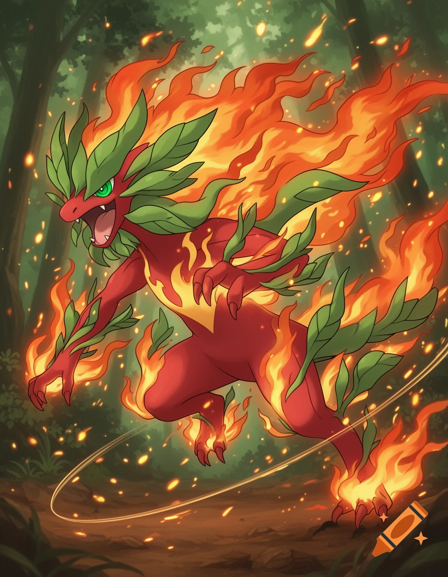 A red, reptilian, fire-and-leaf type Pokemon with green leaves and flames running through a dark forest, surrounded by fire sparks.