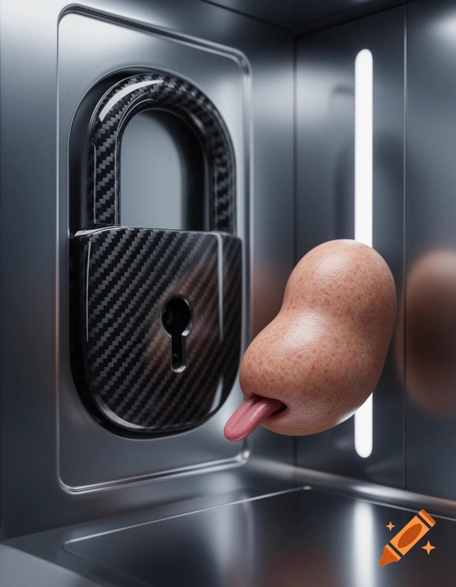 A grotesque, fleshy, potato-like object with a pink tongue sits beside a carbon fiber padlock on a metallic surface.