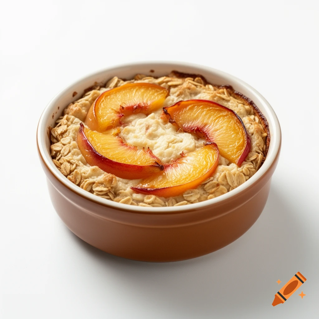 Baked peach cheesecake oats topped with peach slices in a brown ramekin on a white background.