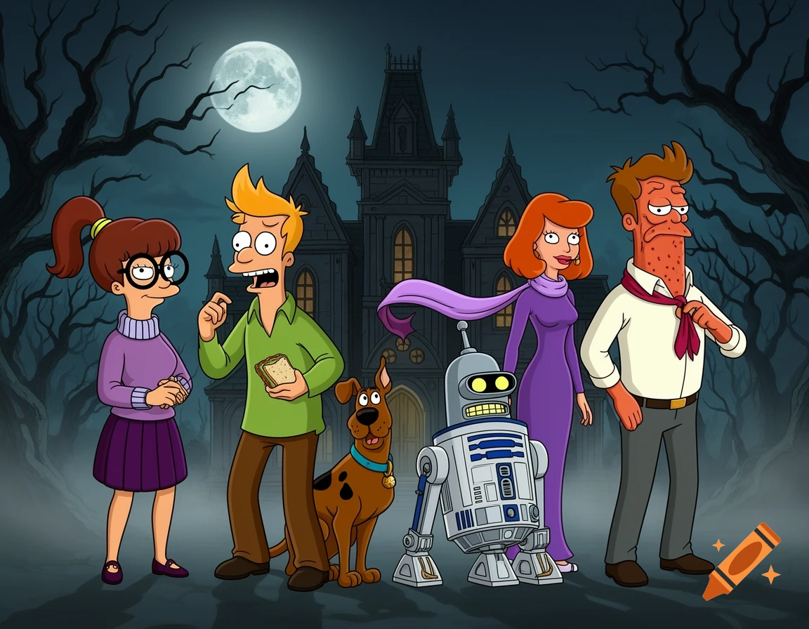 Futurama characters reimagined as Scooby Doo and their robot, standing in front of a spooky haunted mansion under a full moon.