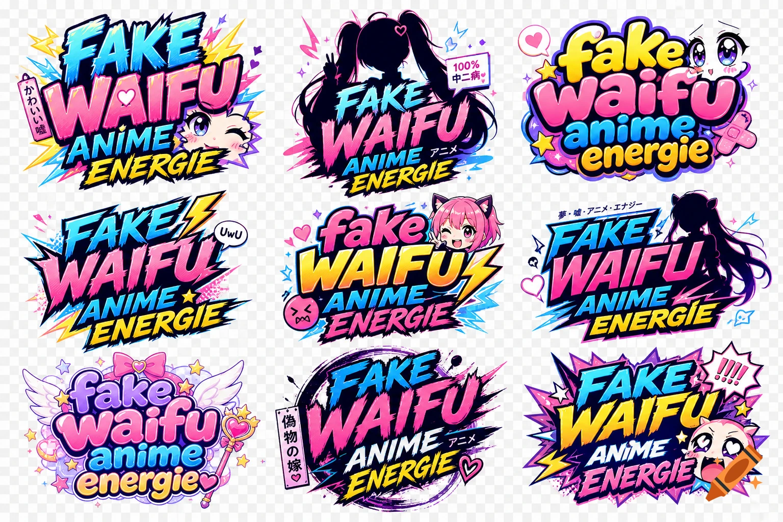 A grid of nine colorful, vibrant anime-style logos, each featuring variations of 'FAKE WAIFU ANIME ENERGIE' text with characters and playful elements.