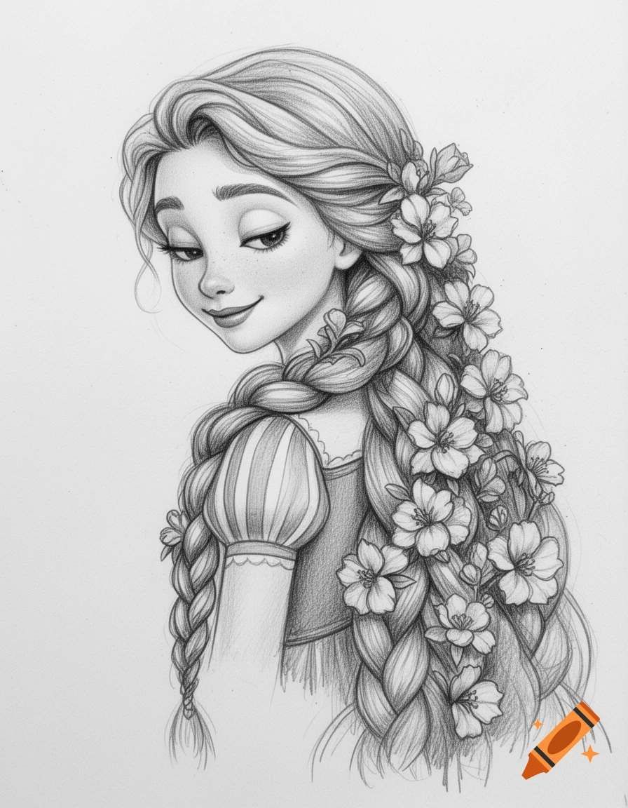 Black and white pencil drawing of a girl with long braided hair adorned with flowers, looking over her shoulder with a slight smile.