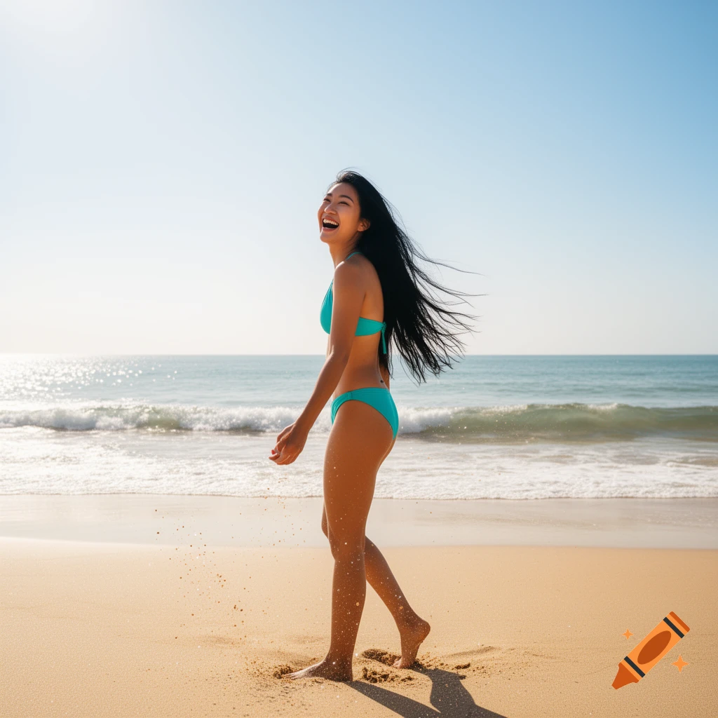 An Asian woman in a turquoise bikini laughs while walking on a sunny beach, with waves in the background.