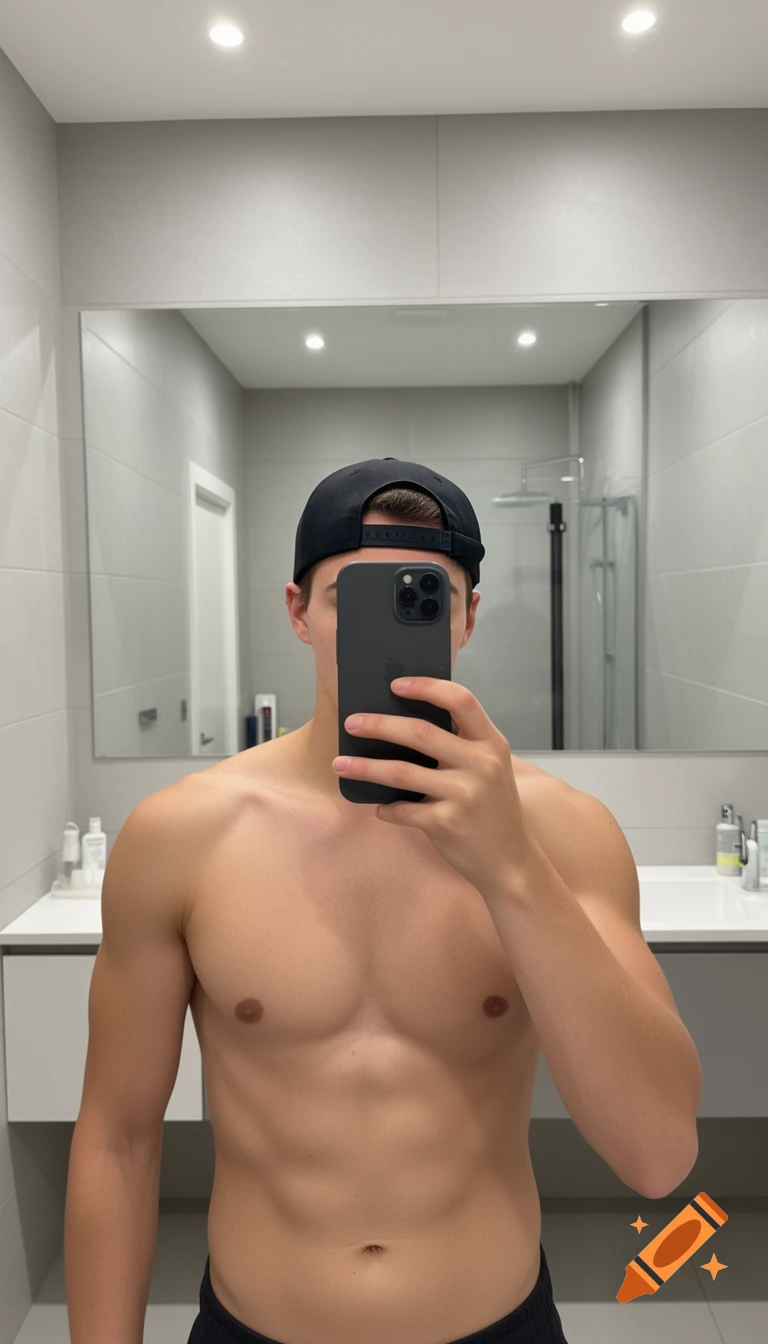 A bare-chested man wearing a black baseball cap takes a mirror selfie in a modern bathroom, his face obscured by a black smartphone.