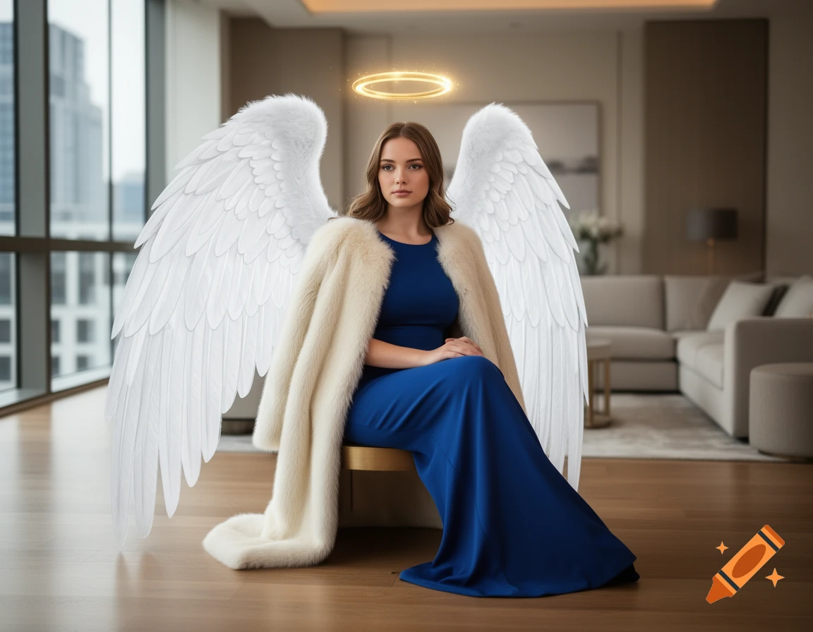 A woman with large white angel wings and a halo, wearing a blue dress and fur coat, sits in a modern apartment.