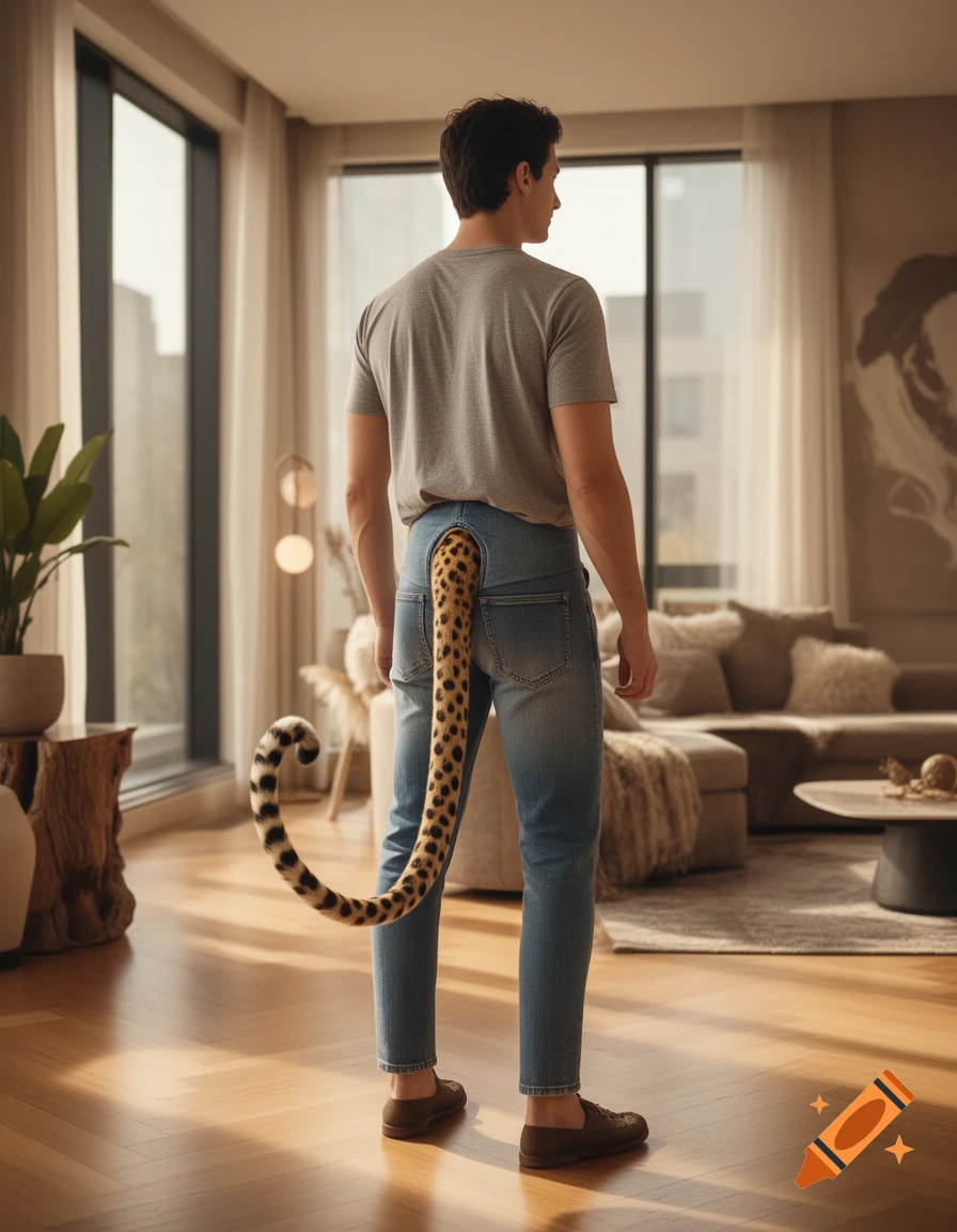 A man stands with his back to the camera in a modern apartment, a long, spotted cheetah tail emerging from his jeans.