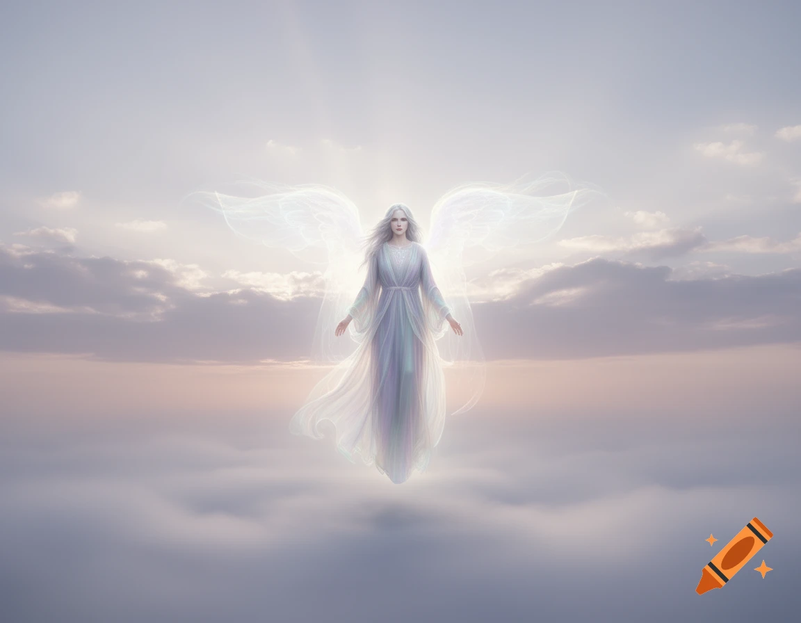 Ethereal angel in flowing robes with translucent wing-like forms floats above clouds at sunset, digital art.