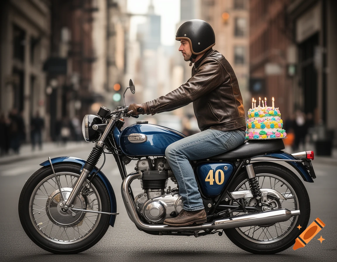 A man in a leather jacket and helmet rides a blue motorcycle down a city street, carrying a decorated birthday cake with lit candles on the back seat.