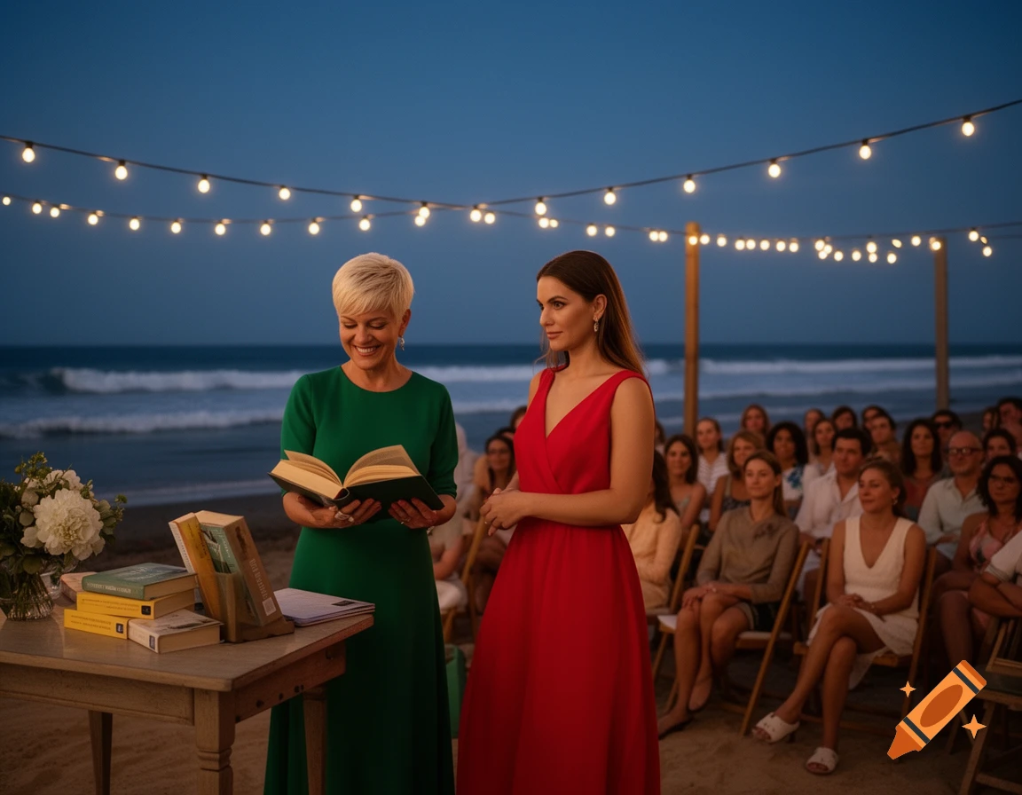A woman in a green dress reads from a book at a beach event, next to a woman in a red dress and an audience. String lights illuminate the scene at dusk.