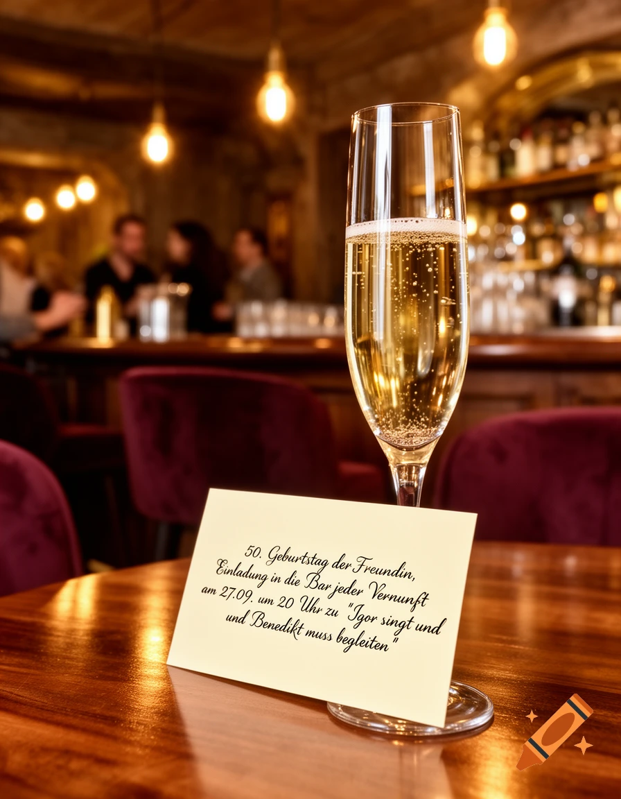 A champagne flute on a wooden table with an invitation card in a dimly lit bar, blurred people and lights in the background.