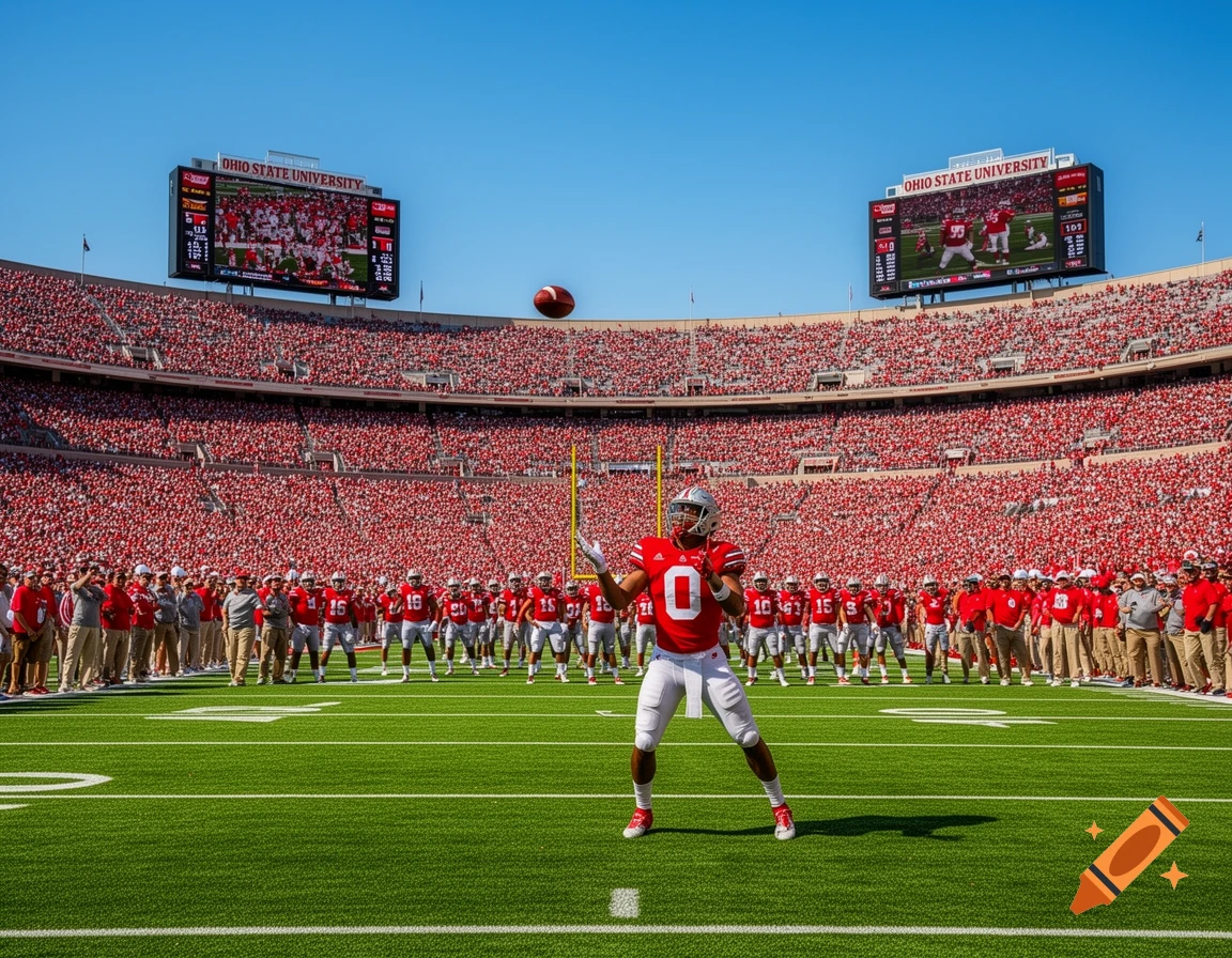 A football player in a red jersey catches a ball in a crowded Ohio State University stadium on a sunny day.