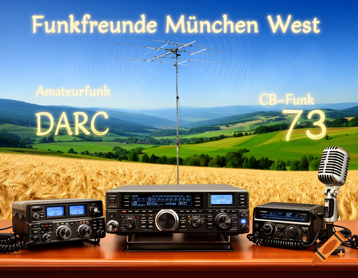 Amateur radio equipment and a large antenna sit on a wooden table in a field with rolling green hills. Glowing text in the sky reads "Funkfreunde München West," "Amateurfunk," "DARC," "CB-Funk," and "73."