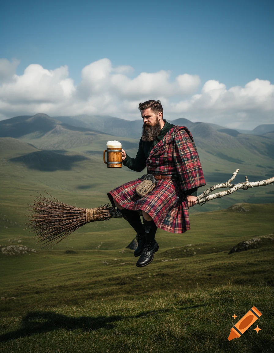 A bearded man in a kilt flies on a broomstick over a green mountainous landscape, holding a frothy mug of beer.