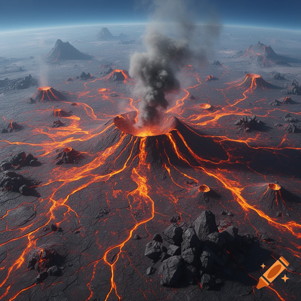 Aerial view of a volcanic planet with numerous erupting volcanoes and glowing lava streams flowing across dark, cracked terrain.