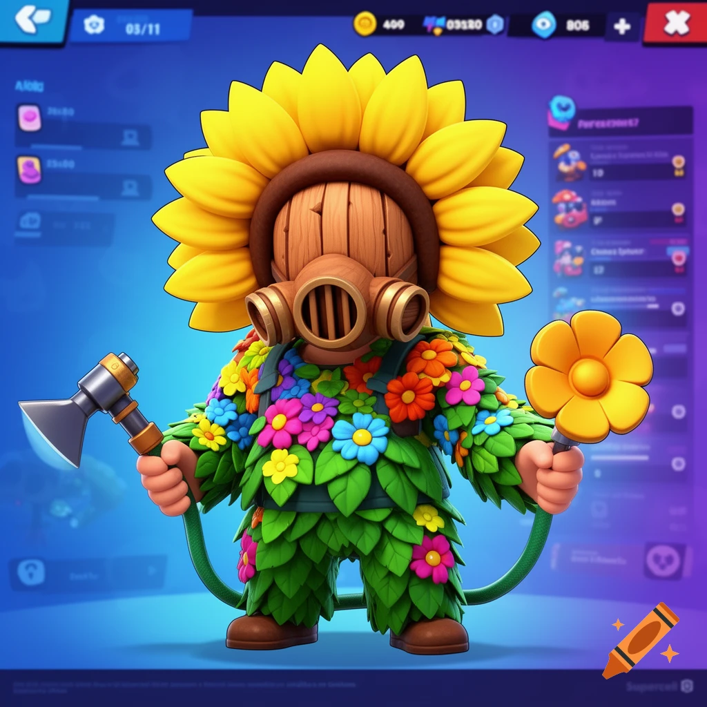 A stylized 3D video game character with a sunflower head, a wooden gas mask, and a vibrant floral leaf suit, holding a hose and a flower tool, on a game UI background.