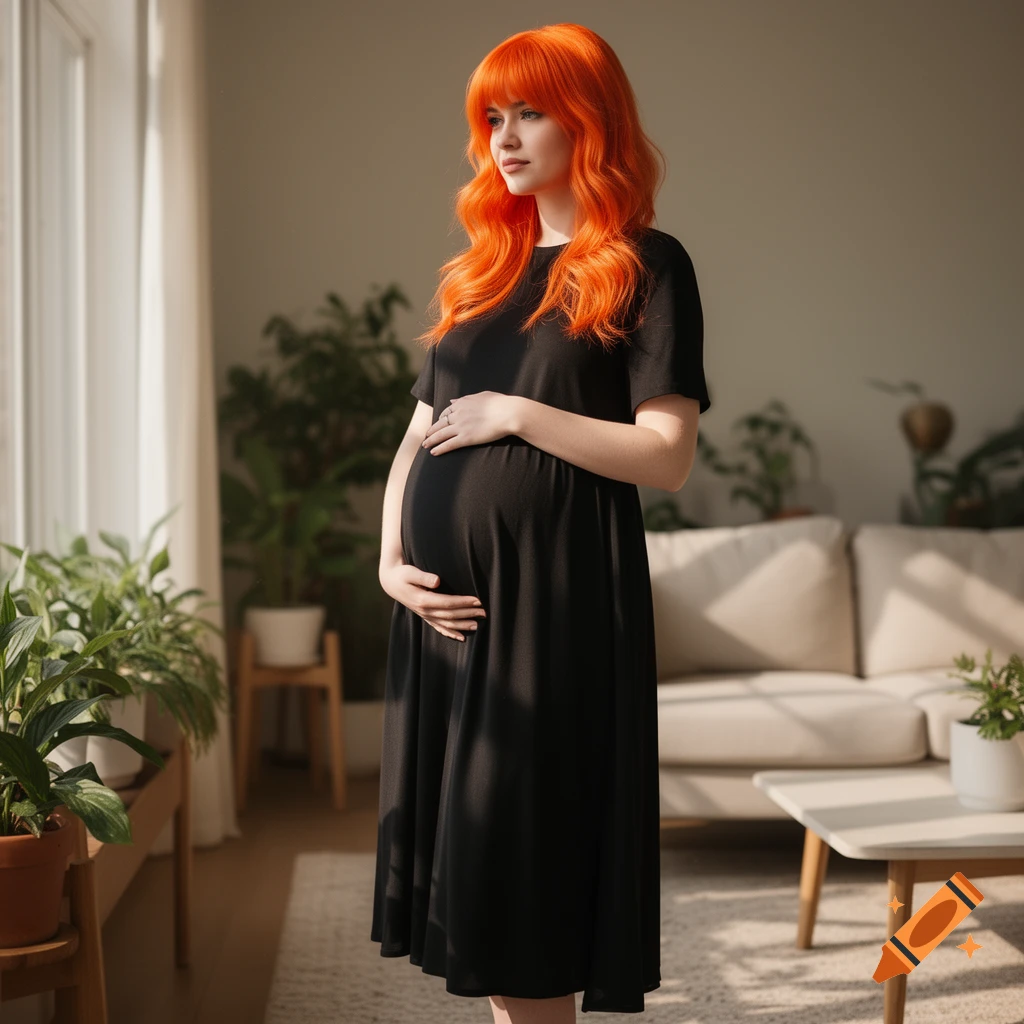 A pregnant woman with bright orange hair and a black dress stands by a sunlit window, gently touching her baby bump in a home.