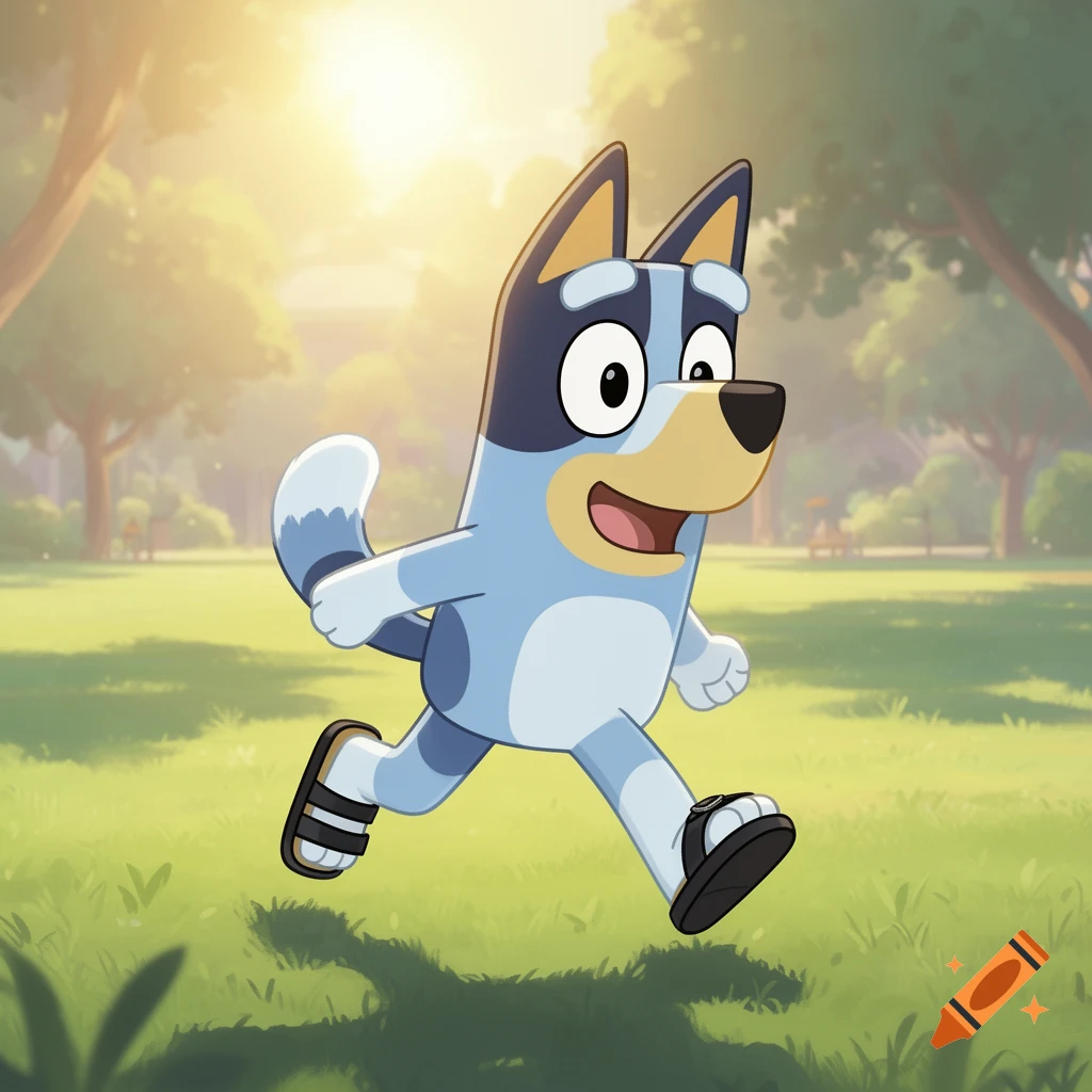 Bluey, the blue cartoon dog, happily runs through a sunny green park, wearing black sandals.