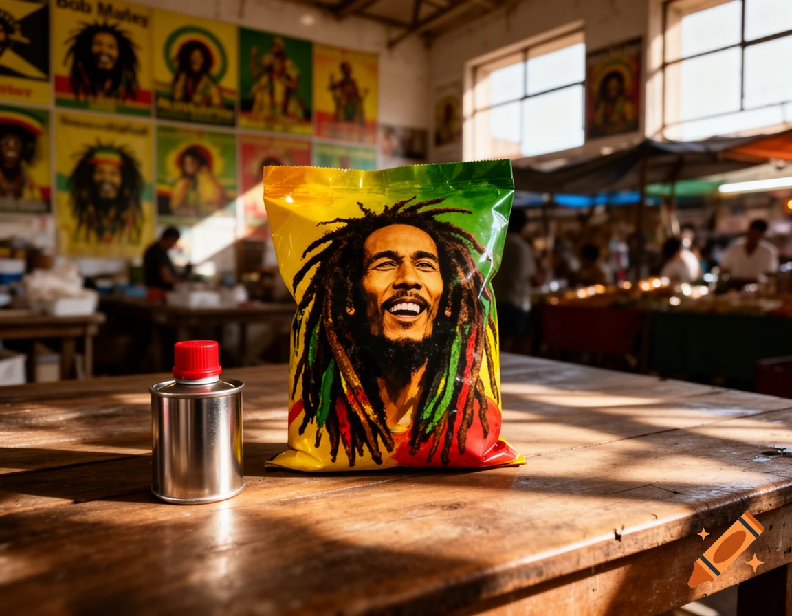 A Bob Marley food bag and a small metal can sit on a wooden table in a sunlit market, with Bob Marley posters adorning a distant wall.
