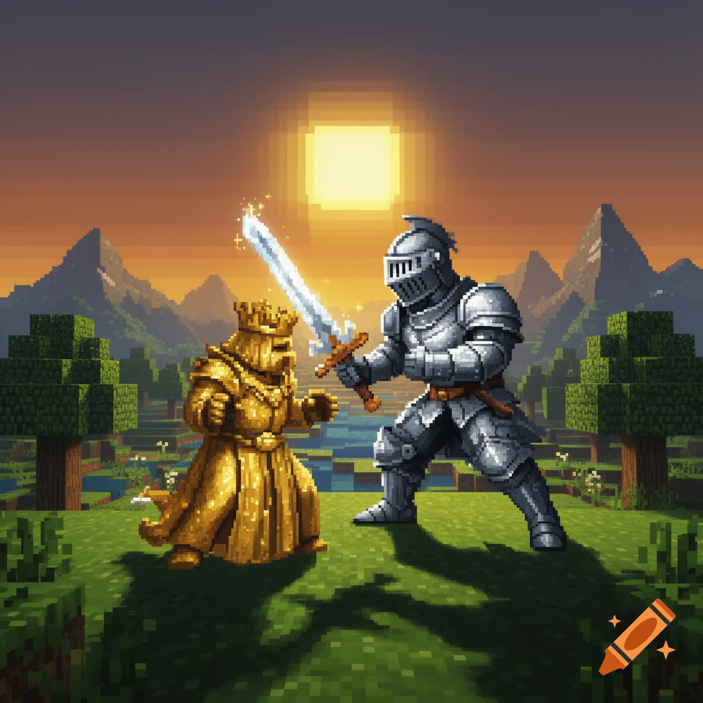 A pixel art scene of a silver knight with a sword battling a golden king in a Minecraft-like landscape at sunset.