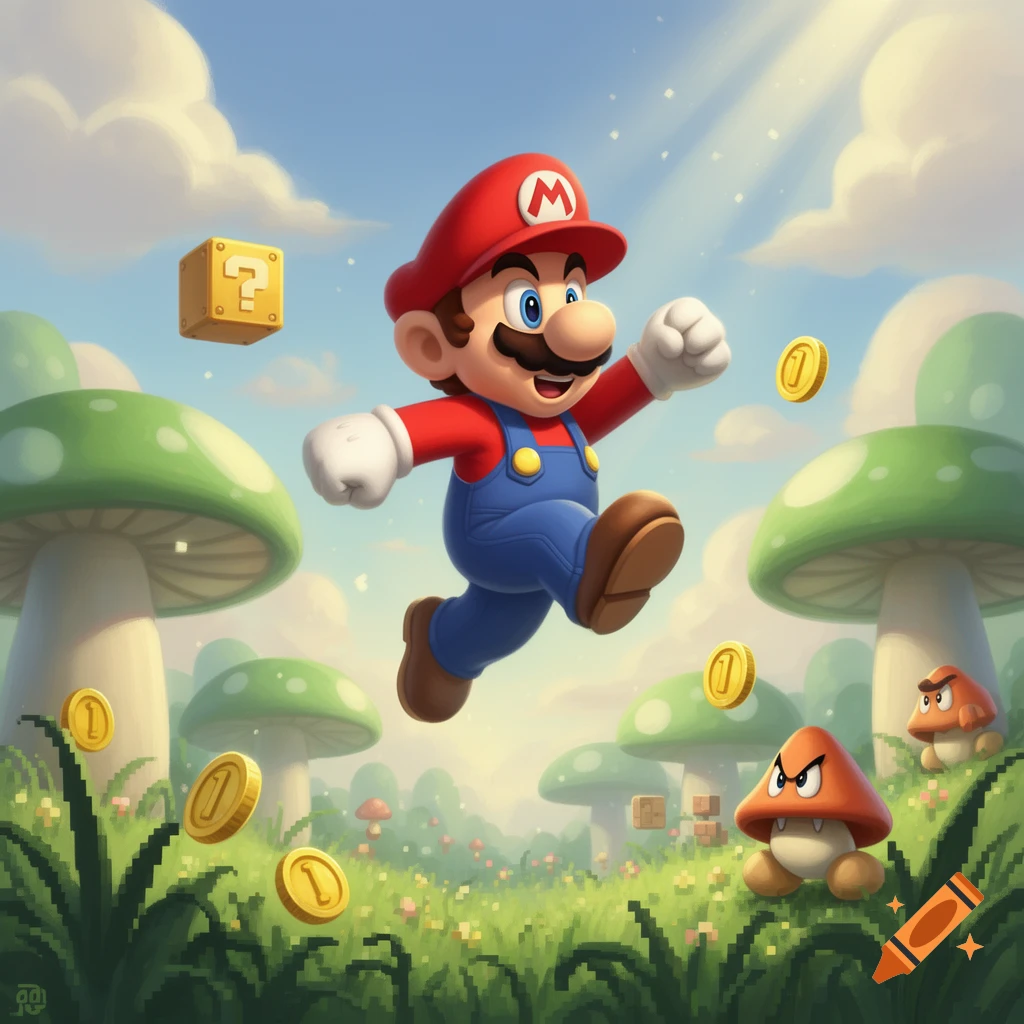 Super Mario jumps over a green landscape with mushrooms and Goombas, collecting golden coins and a question block under a sunny sky.