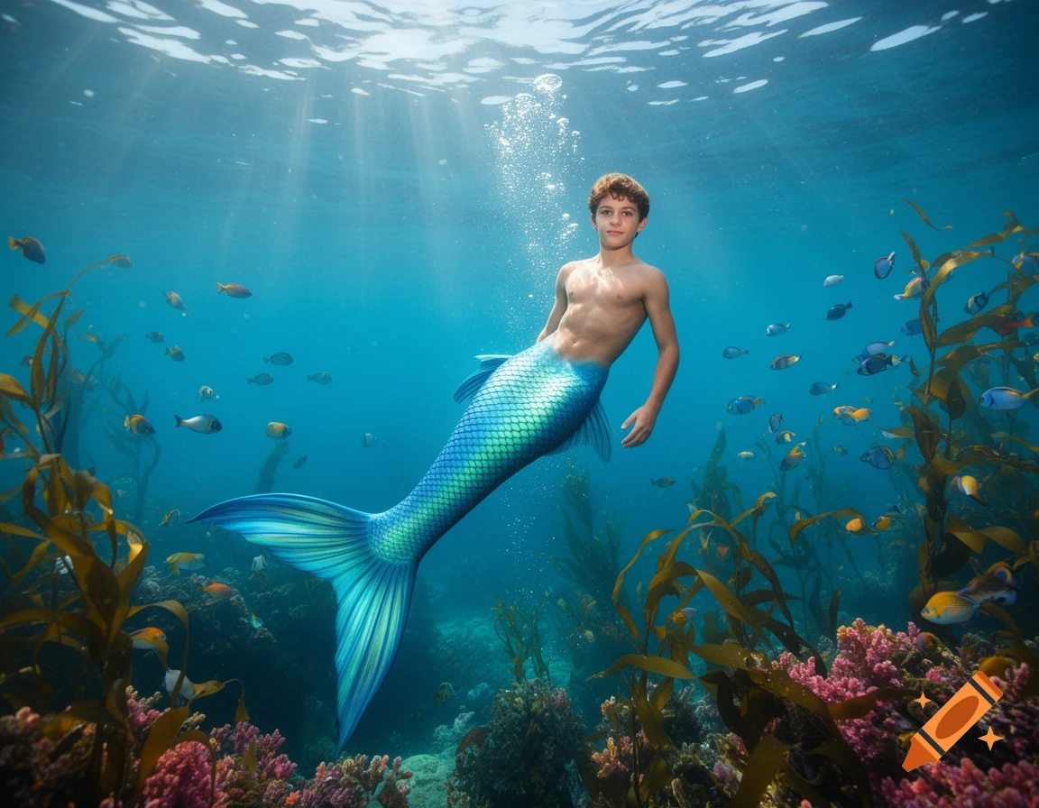 A photorealistic image of a young merboy with a blue-green tail swimming underwater among colorful coral and tropical fish, with light rays from above.