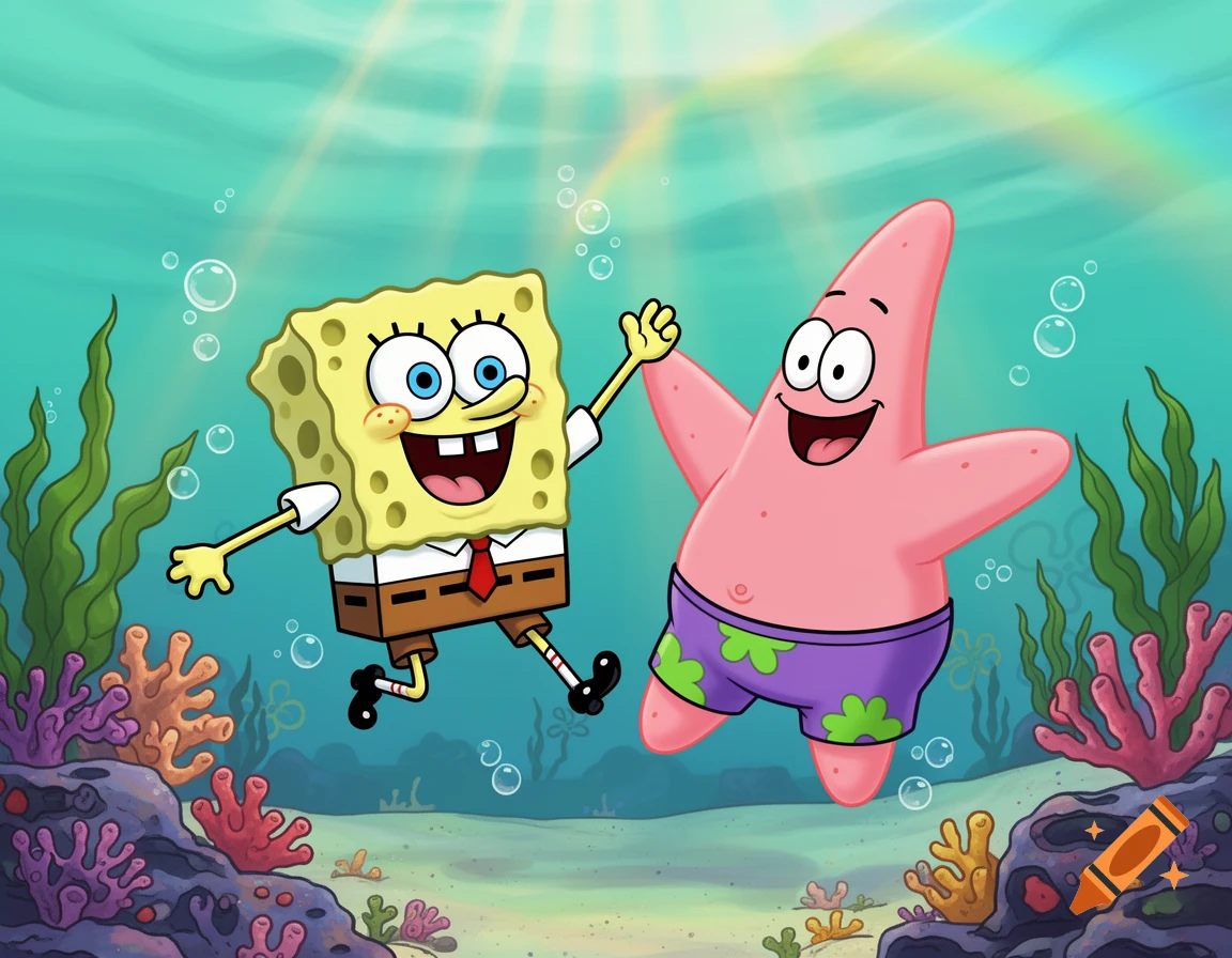 SpongeBob SquarePants and Patrick Star happily swim together underwater, surrounded by coral and seaweed with sunlight rays and a faint rainbow.