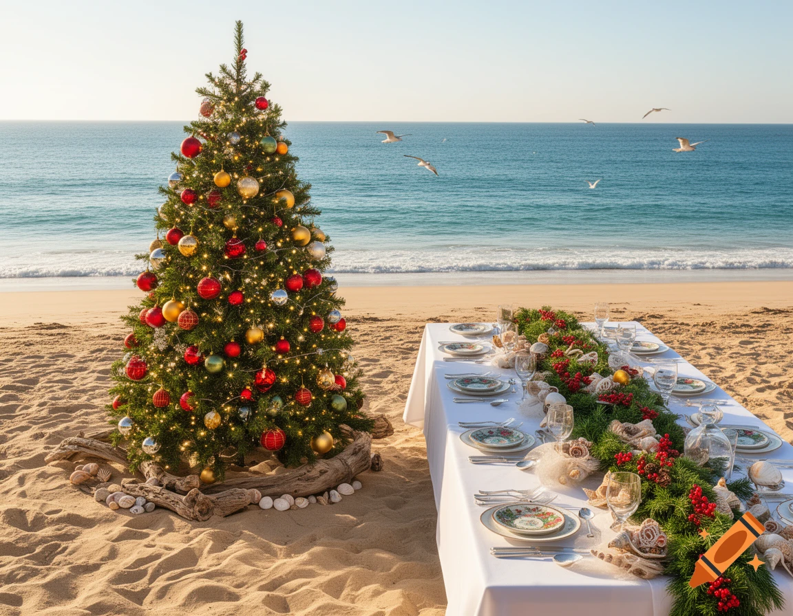 A beautifully decorated Christmas tree and a festive dining table on a sandy beach next to the ocean under a clear sky.