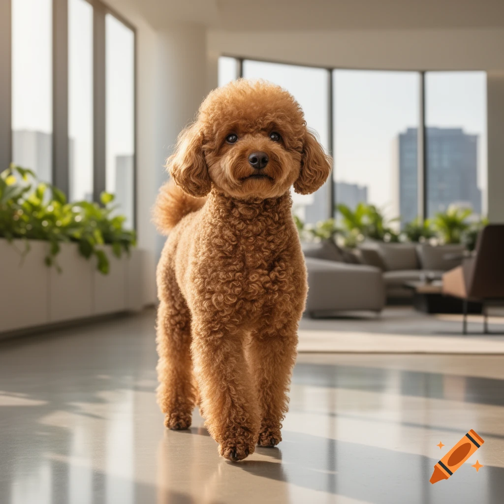 A brown toy poodle with curly fur stands on a reflective floor in a bright, modern room with large windows.