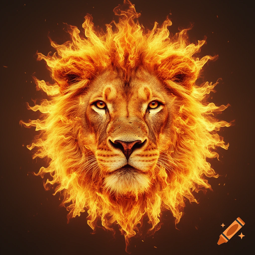 A majestic lion's head, its face and mane composed entirely of vibrant, swirling orange and yellow flames against a dark background.