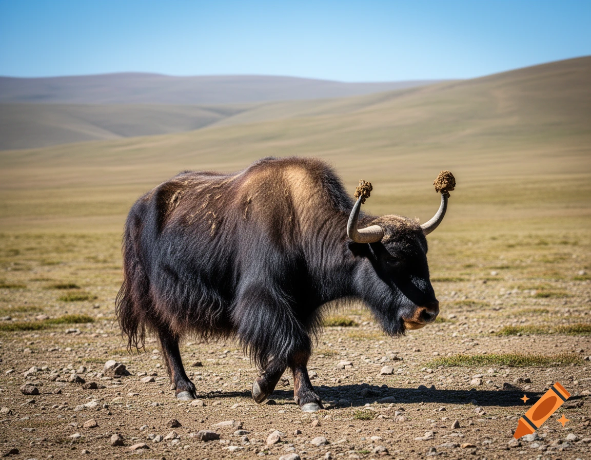 A shaggy yak with clumps on its horns walks through a dry, rocky field under a blue sky.