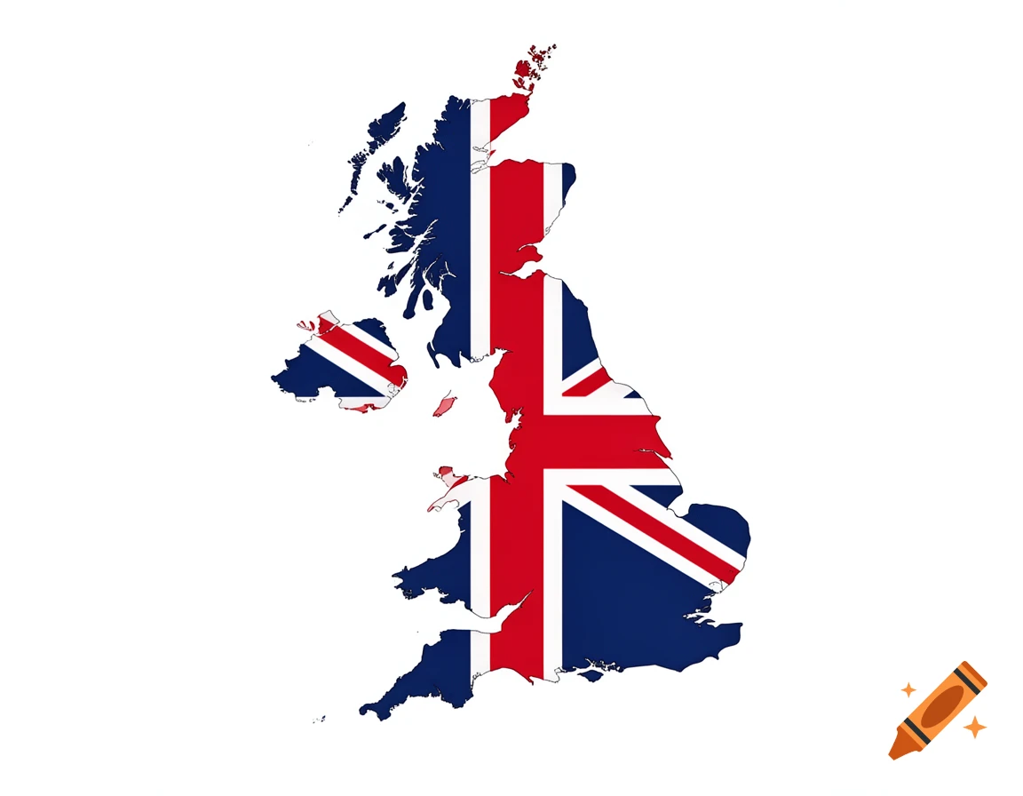 Map of the United Kingdom filled with the Union Jack flag design on a white background.