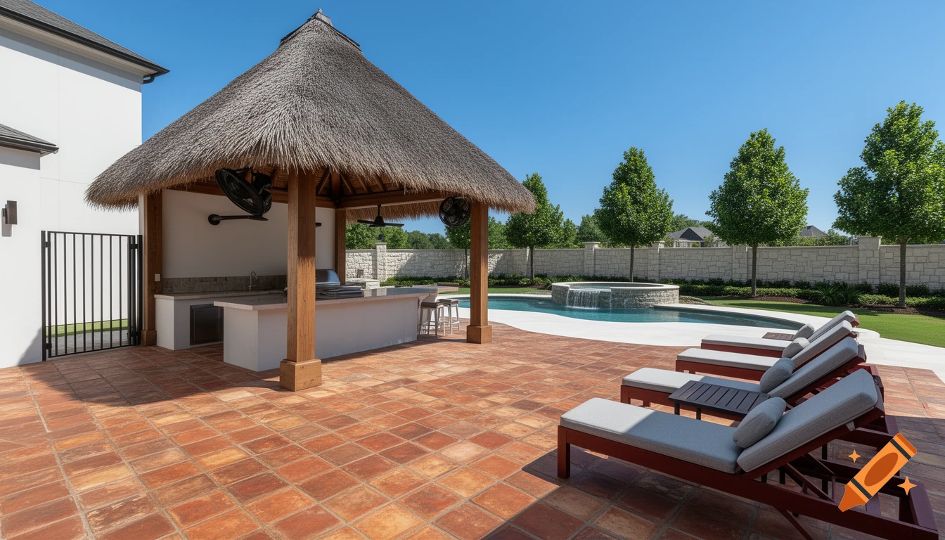 A wide-angle, crisp exterior architectural photograph of a luxury backyard with a pool, tiki-style pavilion, and outdoor kitchen.