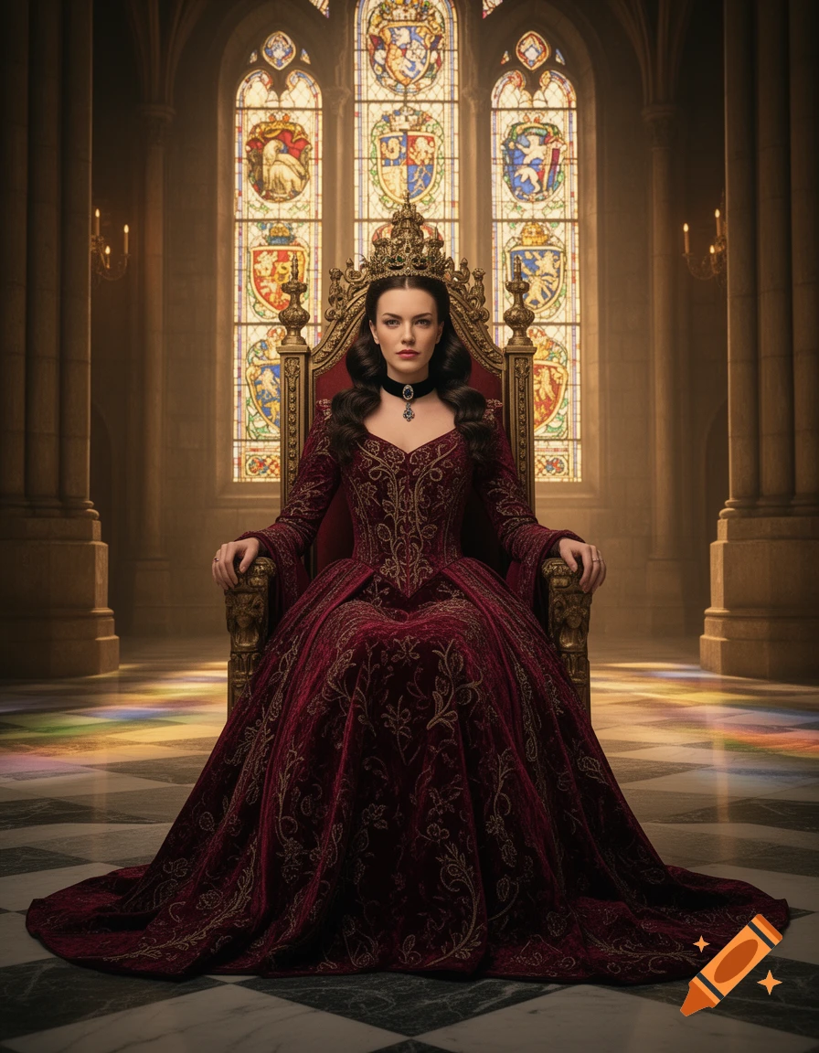 A queen in a dark red ornate gown, golden crown, and choker sits on a gilded throne in a grand hall with stained glass windows.