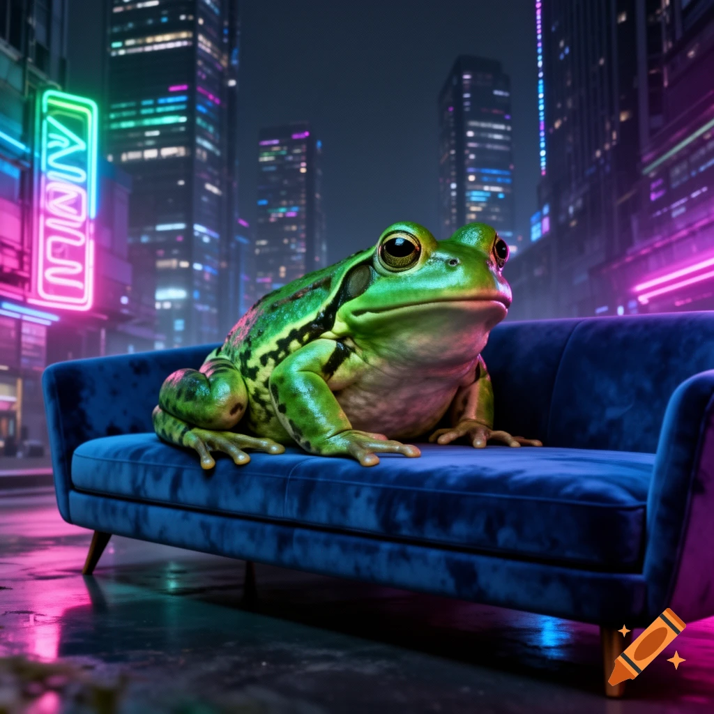 A large, photorealistic green frog sits on a blue velvet sofa in a neon-lit cyberpunk city at night.