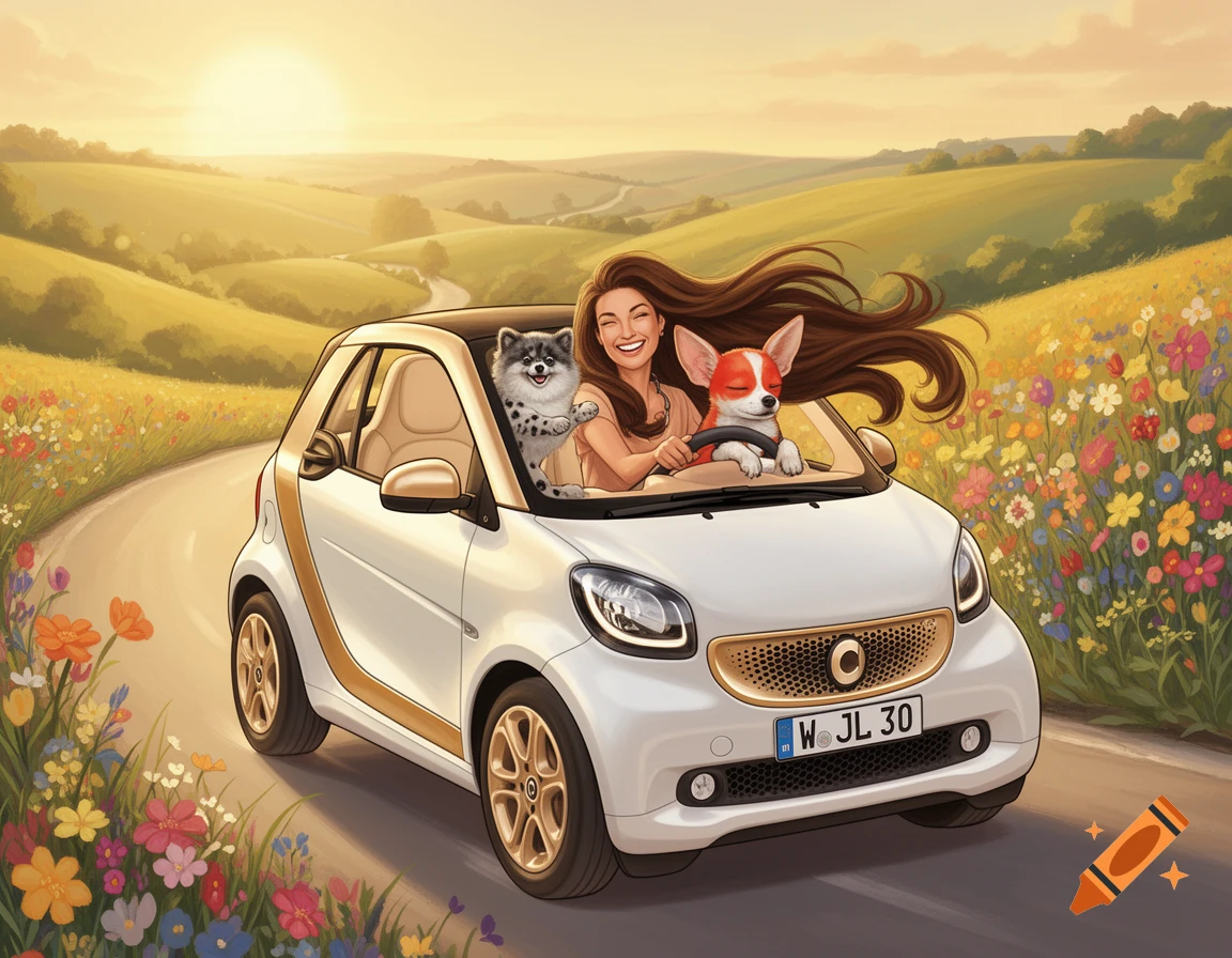 A woman with two dogs drives a white car down a sunny countryside road with wildflowers, in a storybook illustration style.