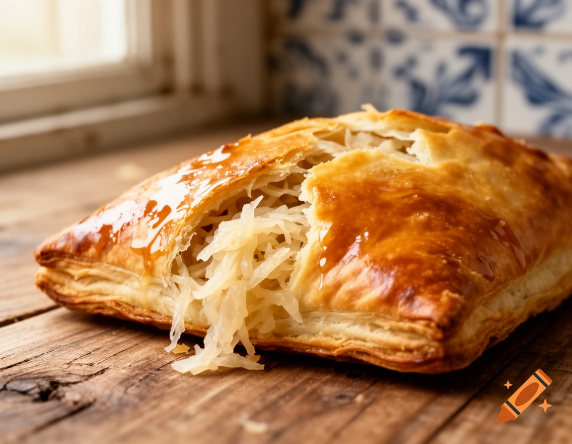 A golden-brown pastry, possibly a strudel, split open to reveal a sauerkraut filling, sits on a wooden table near a window and blue-and-white tiles.